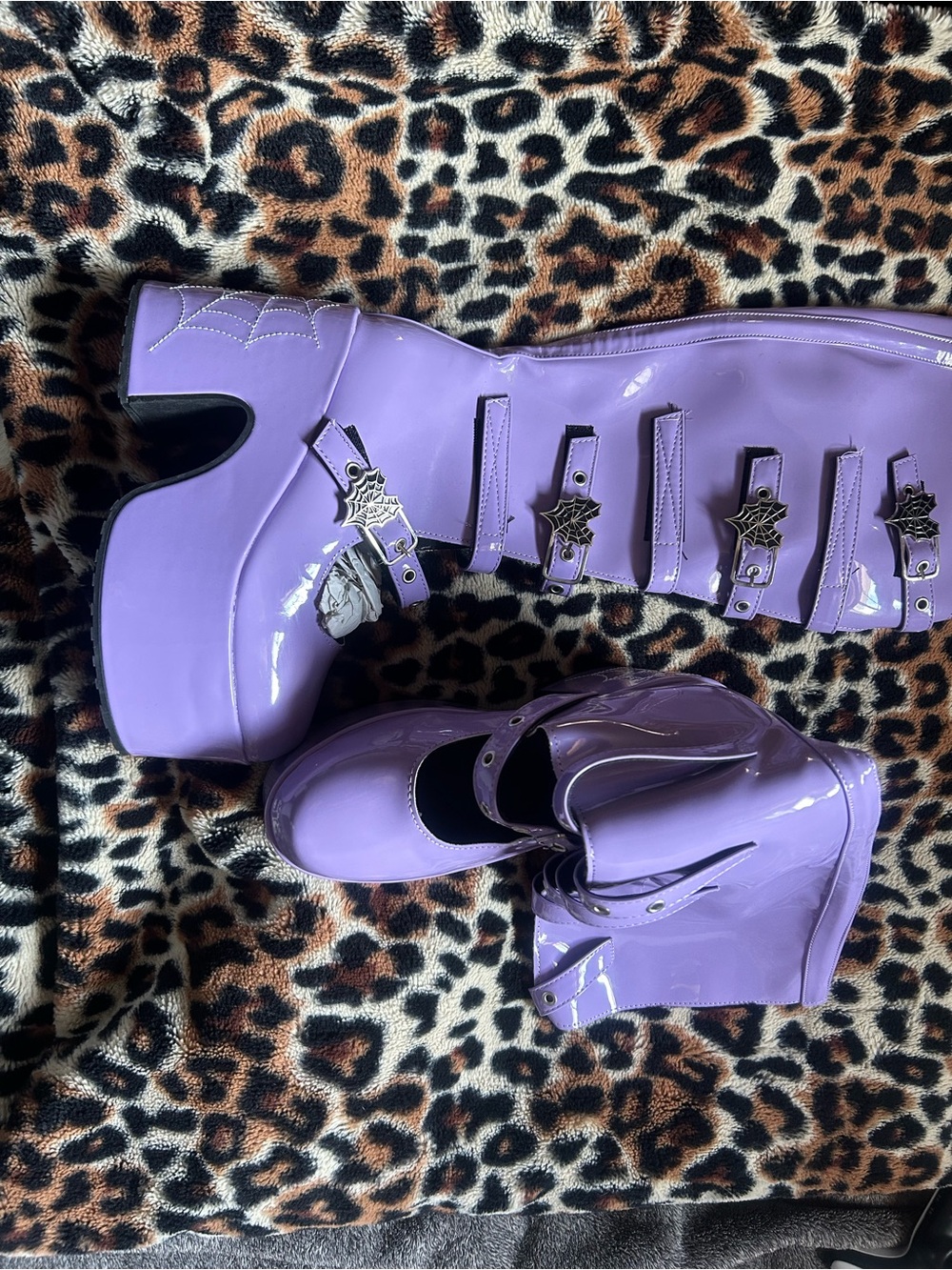 Lavender Patent Platform Knee-High Boots with Spider Charm - Women Shoes